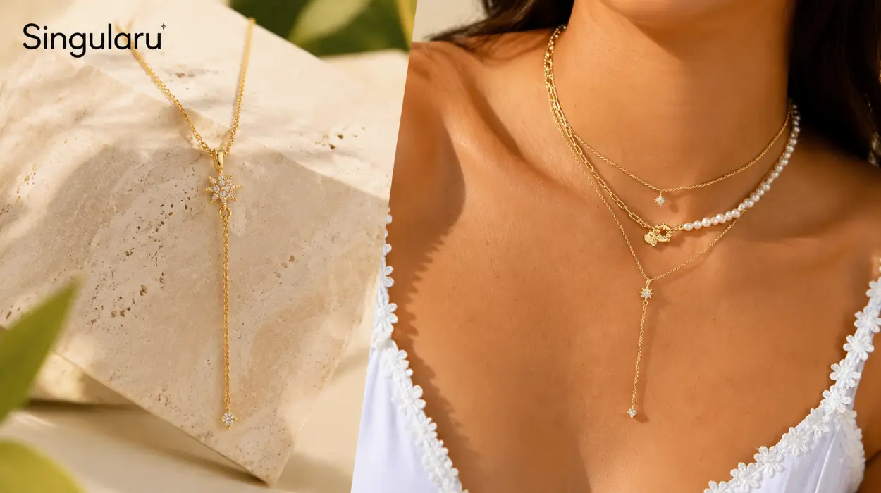 Collar Singularu Y Polar Star en plata de ley con circonitas y baño de oro de 18 kt