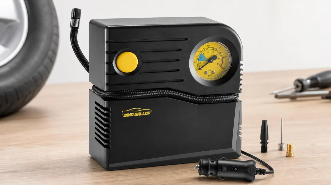 Compresor de aire portátil WindGallop 12V para coche y bicicleta con manómetro y adaptadores