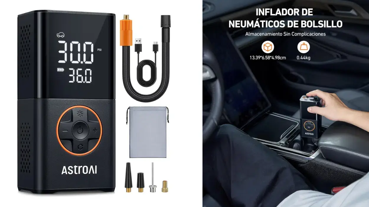 Compresor de aire portátil AstroAI con batería recargable, ideal para coches, bicicletas y más