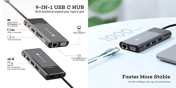 Concentrador USB-C NOVOO 9 en 1 con HDMI y Ethernet