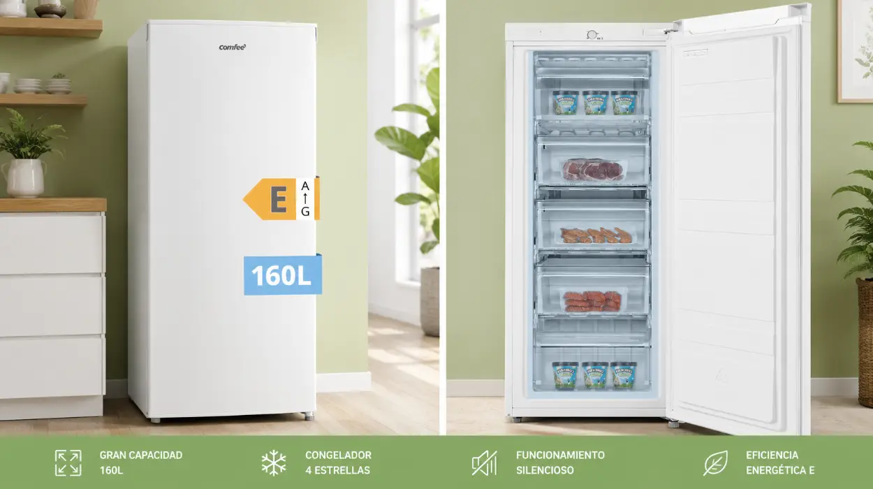 Congelador COMFEE' RCU160WH2(E) de 160L con puerta reversible y patas ajustables, silencioso y eficiente