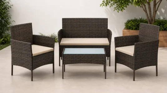 Conjunto de muebles de jardín SONGMICS de ratán PE marrón y topo para un verano acogedor