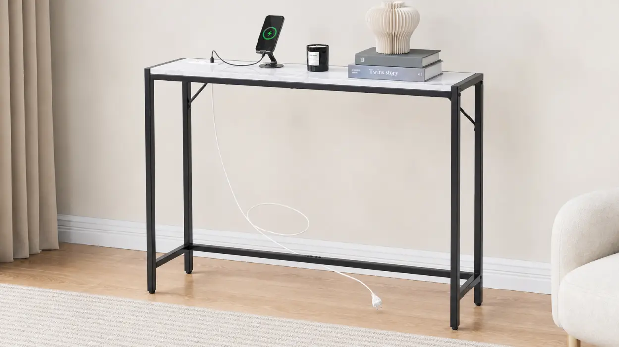 Consola VEVOR estrecha de imitación mármol con regleta y puertos USB