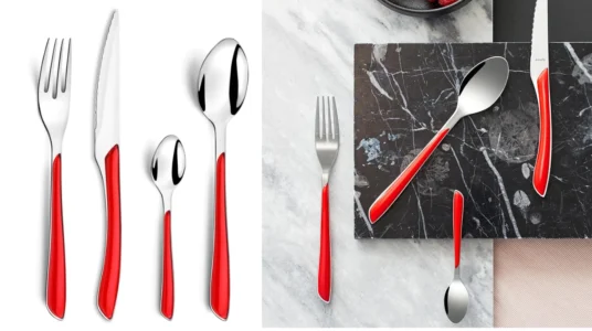 cubertería Amefa Eclat de 16 piezas en acero inoxidable con mango rojo
