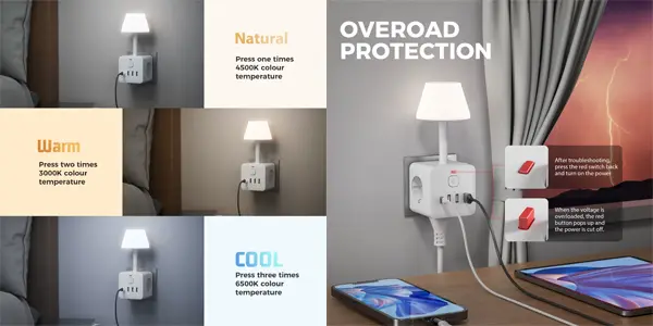 Enchufe múltiple cubo TT-PS08 con luz