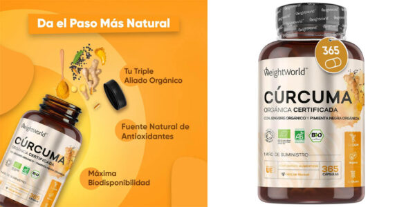 Cúrcuma + Pimienta negra + Jengibre WeightWorld en tarro de 365 cápsulas