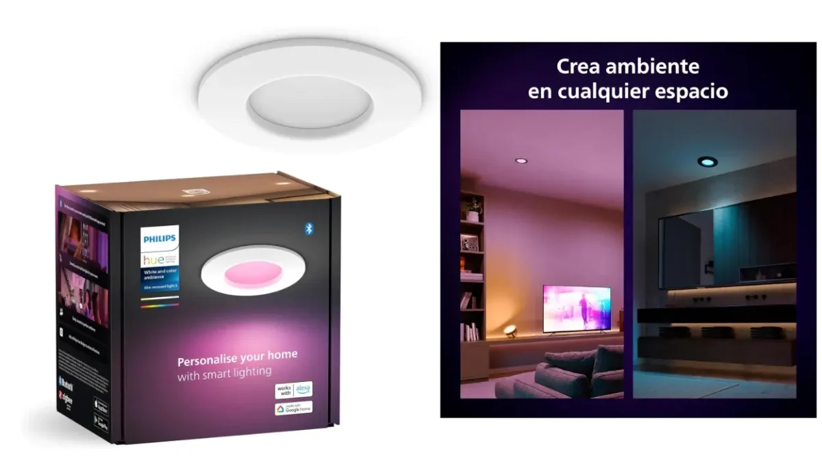 Downlight Philips Hue Slim de 90 mm con luz blanca y de color, control por app y asistentes de voz