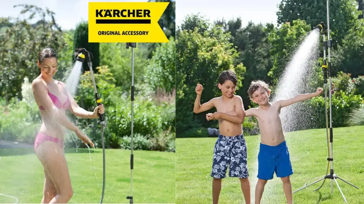 Ducha de jardín Kärcher convertible en manguera: Altura ajustable, trípode estable y control de caudal cómodo