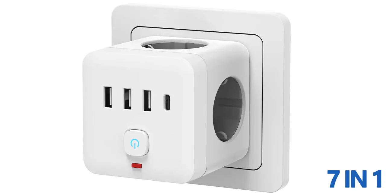 Regleta cubo con 3 enchufes, 3x USB y USB-C