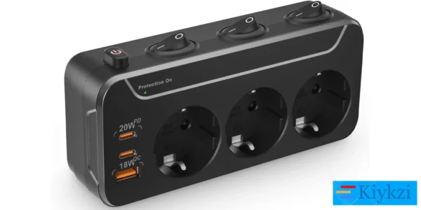 Enchufe múltiple Kiykzi con 3 tomas, 2x USB-C, USB