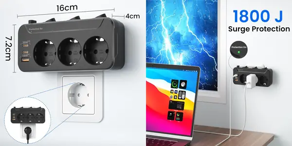 Enchufe múltiple Kiykzi con 3 tomas, 2x USB-C, USB