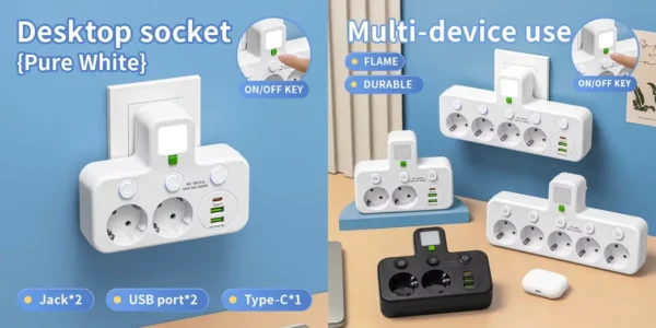 Ladrón múltiple de enchufes con luz, 4 tomas, 2x USB y USB-C