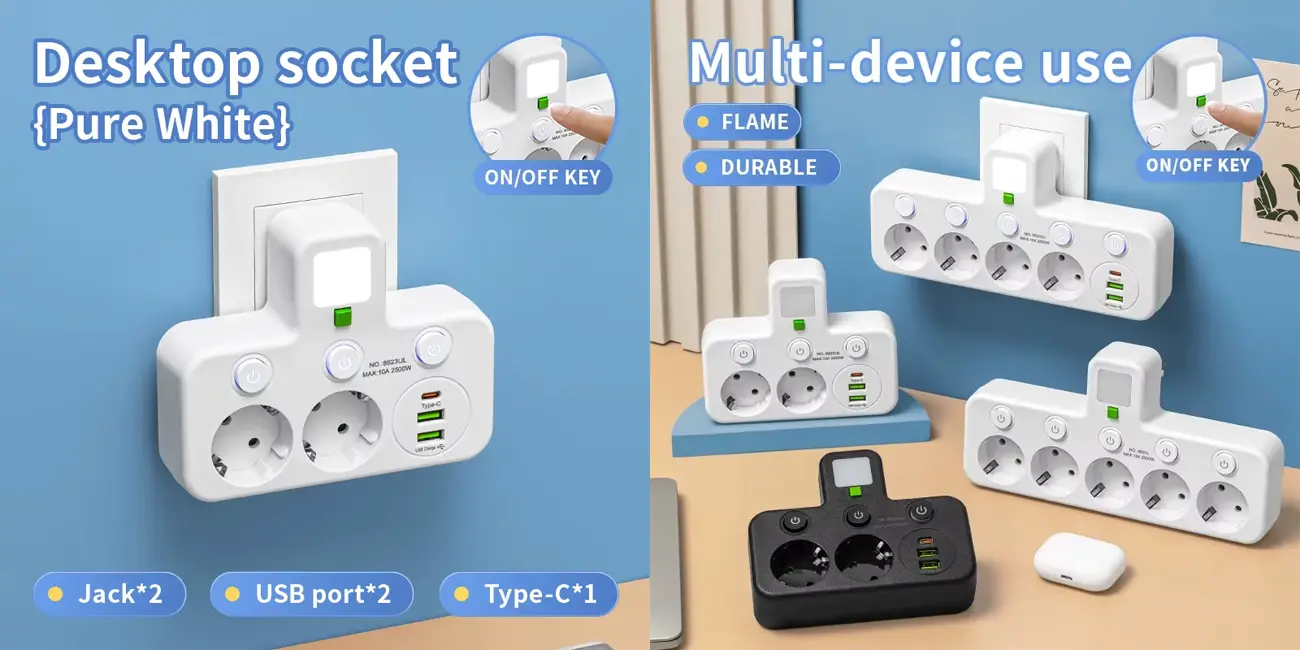 Ladrón múltiple de enchufes con luz, 4 tomas, 2x USB y USB-C