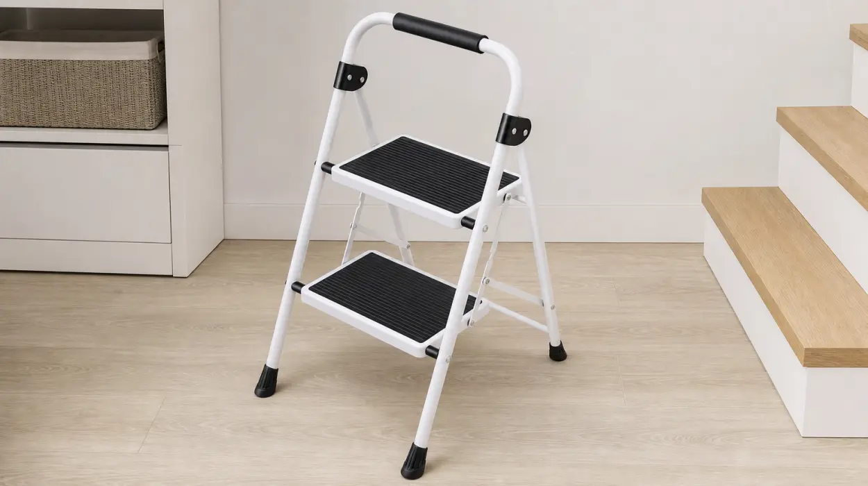 Escalera de 2 peldaños, plegable y con plataforma antideslizante