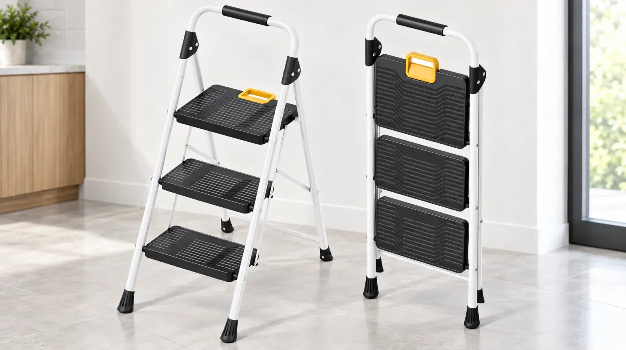 Escalera plegable KINGRACK de 3 peldaños con pasamanos y carga de hasta 150 kg