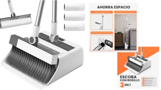 escoba y recogedor Jupplies 3 en 1 con rodillo quitapelos y limpiacristales