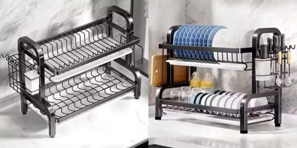 Escurridor de platos de 2 niveles con bandeja extraíble