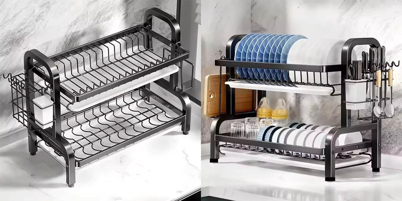 Escurridor de platos de 2 niveles con bandeja extraíble