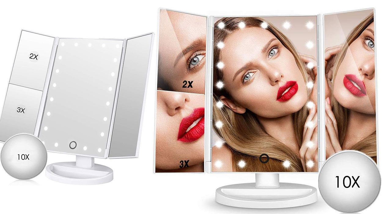Espejo de maquillaje triple con luz en oferta