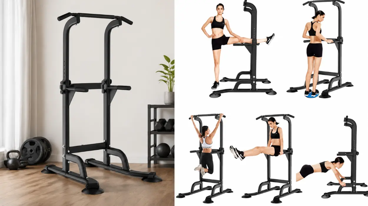 Estación de entrenamiento SogesHome Power Tower ajustable para dominadas y fondos en casa