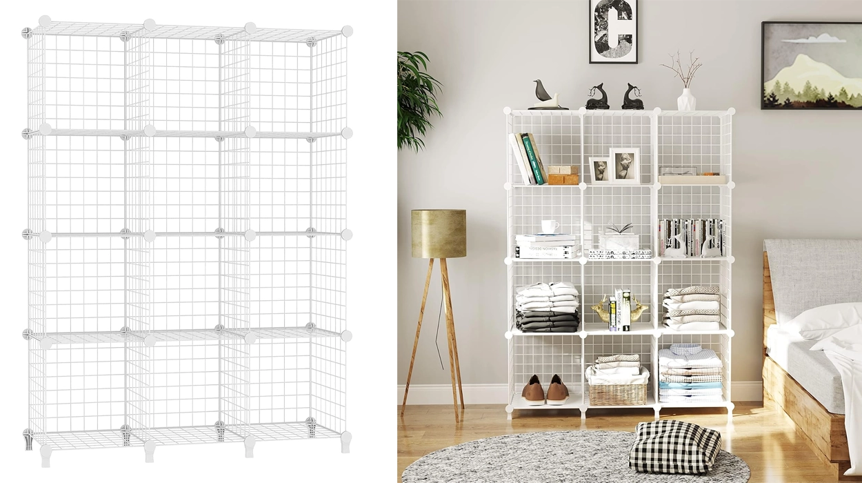 estante de almacenaje con 12 cubos de alambre