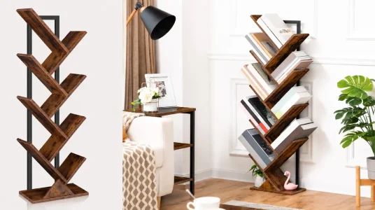 Estantería alta HOOBRO en forma de árbol con 8 niveles y estantes de madera, ideal para sala u oficina