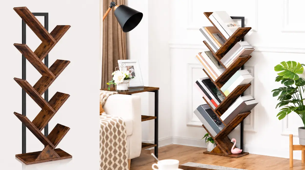Estantería alta de madera en forma de árbol con 8 niveles, ideal para sala u oficina