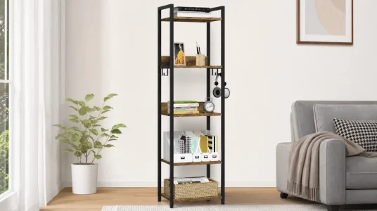 Estantería EUGAD de 5 niveles en madera y metal, diseño industrial con 4 ganchos
