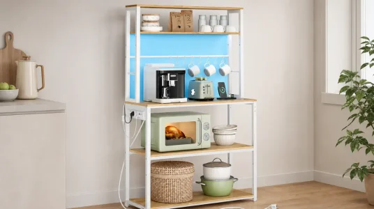 Estantería de cocina Vasagle con LED y regleta para microondas, estantes ajustables y 8 ganchos en roble dorado