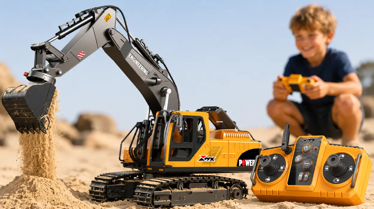 Excavadora RC GraceDuck 3 en 1 para niños con pala, trituradora y garra