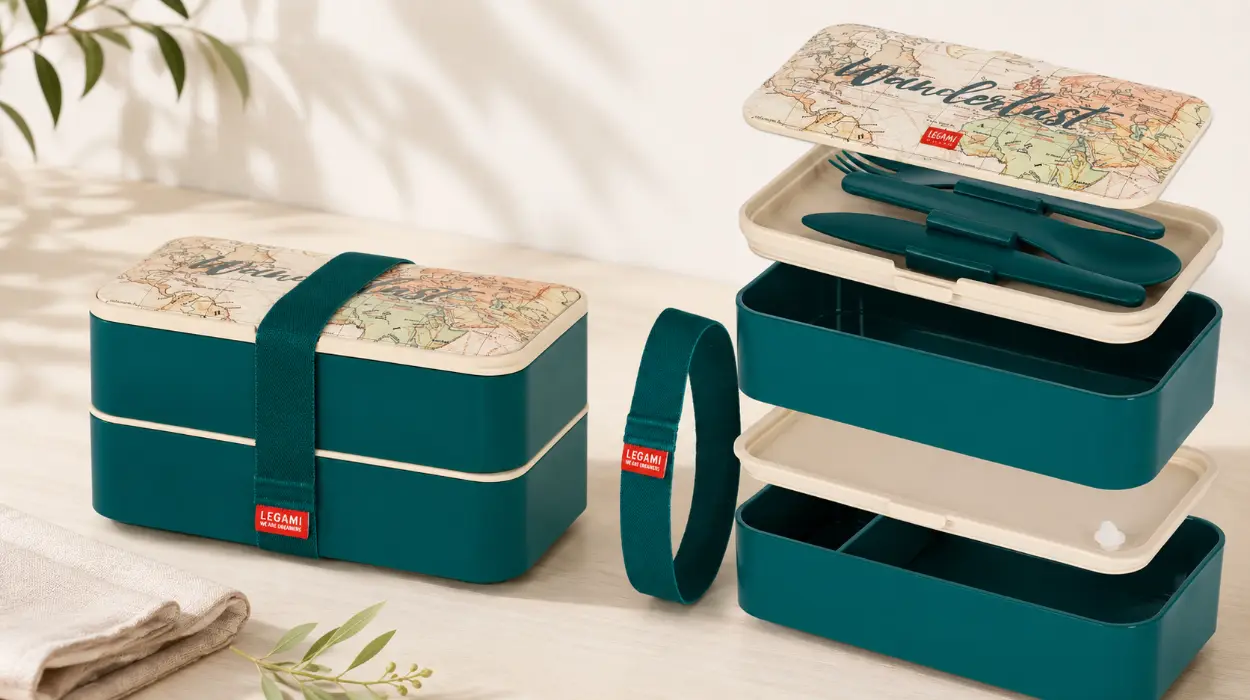 Fiambrera Legami Travel de 1200 ml con 3 cubiertos, a prueba de fugas y apta para microondas