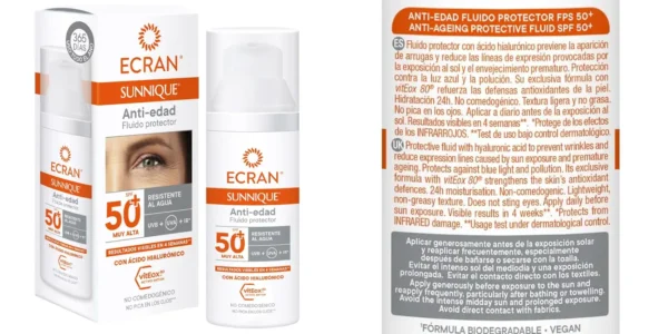 Fluido facial Ecran Sunnique anti-edad FPS 50+ de 50 ml