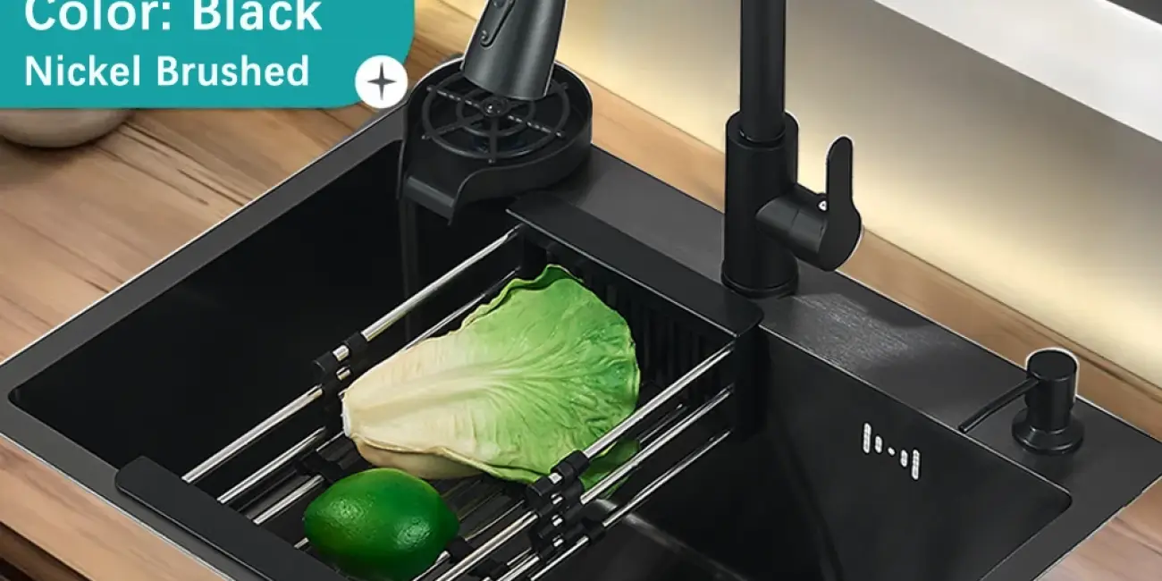 Fregadero de cocina multifunción 60x45 cm en negro o acero con grifo extraíble, escurridor y accesorios