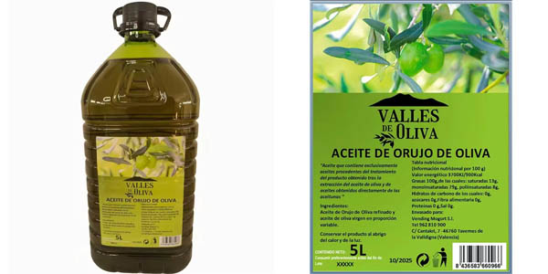 Aceite de orujo de oliva Vallesdeoliva de 5 litros