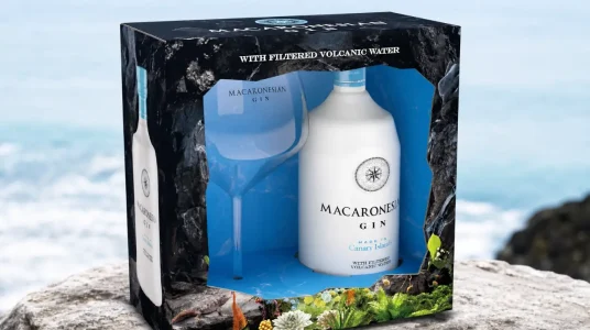 Macaronesian Ginebra de las Islas Canarias con agua volcánica, botella de 700 ml y copa de regalo