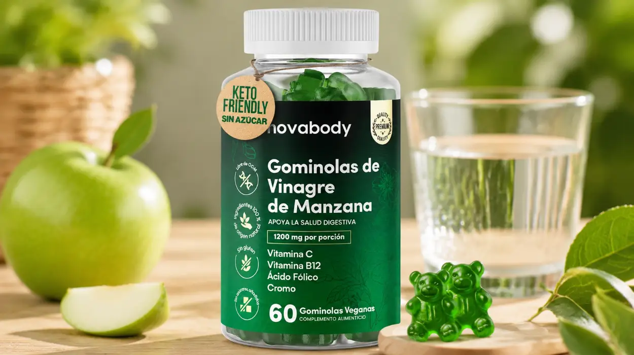 Gominolas de vinagre de manzana 1200 mg sin azúcar, veganas y con vitaminas para digestión y metabolismo