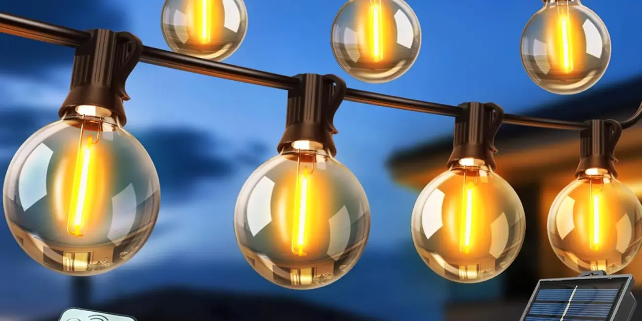 Guirnalda de luces solares para exterior de 7,5 m con bombillas G40, 8 modos e impermeable, ideal jardín o terraza