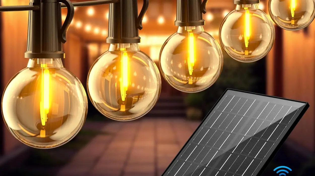 Guirnalda de luces solares para exteriores de 17,1 m con 24+1 bombillas LED G40 y mando