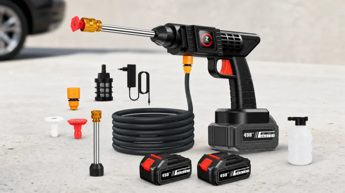 Limpia coche, patio y jardín a presión sin enchufes: Hidrolimpiadora inalámbrica de 50 bar con pistola de espuma y 2 baterías