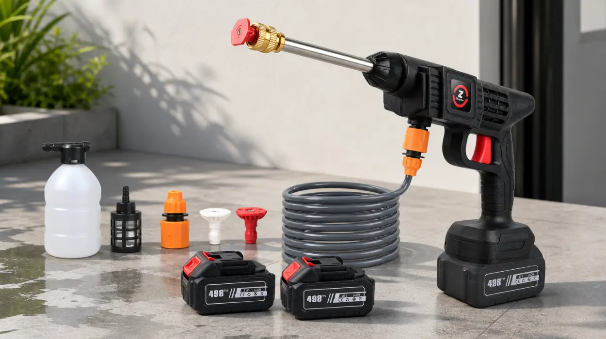 Hidrolimpiadora a batería 21V MAX de alta presión, ideal para coche y jardín, con 2 baterías de 6000 mAh