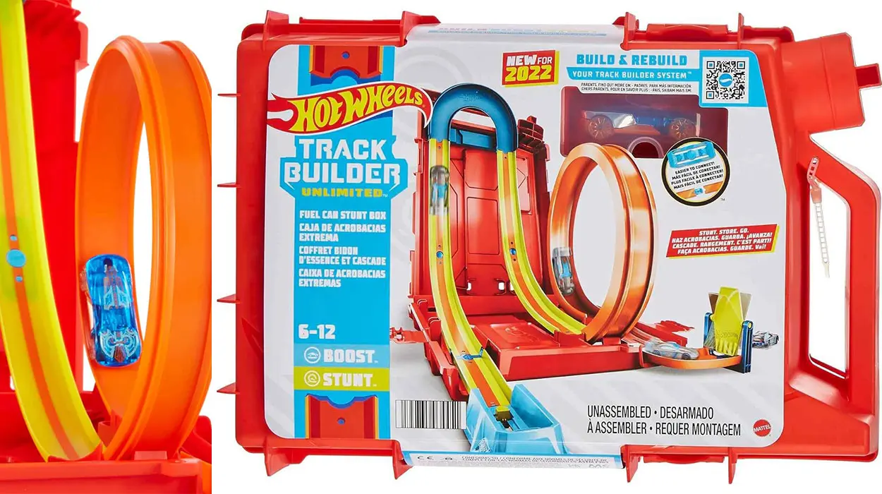 Set Lata de gasolina Hot Wheels Track Builder con pista acrobática y un vehículo barato