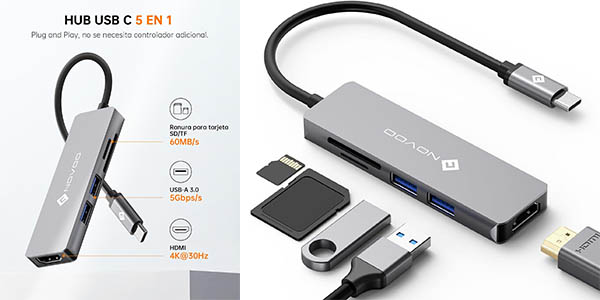 HUB USB-C Novoo 5 en 1 con HDMI 4K, 2x USB 3.0 y lector de tarjetas SD y microSD