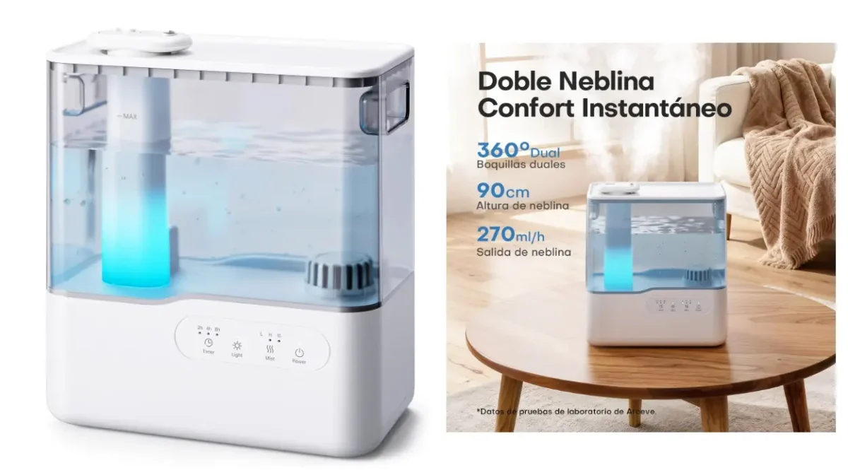 Humidificador ultrasónico Aroeve de 5L con carga superior, difusor de aromas, temporizador y luz ambiental