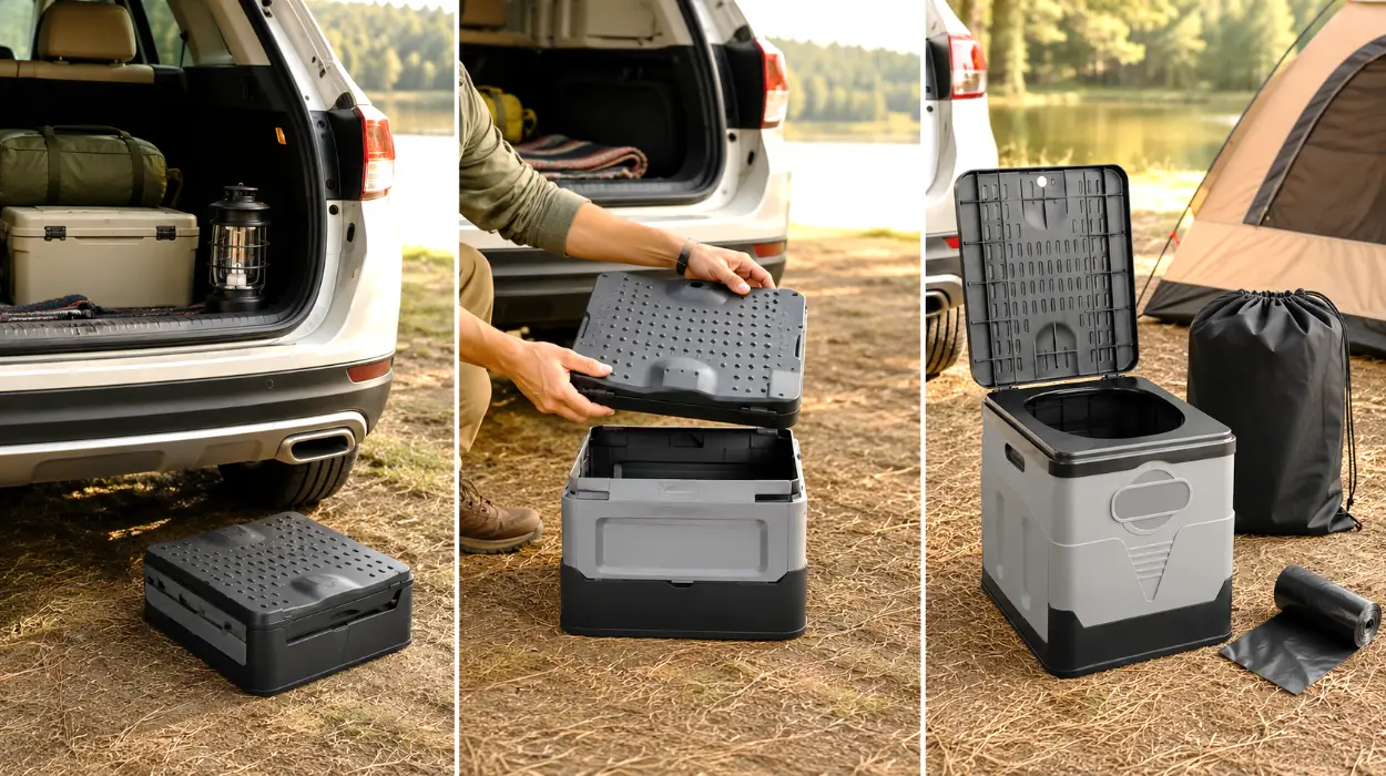 Este inodoro portátil plegable es una solución práctica para viajes en coche, escapadas y noches de camping