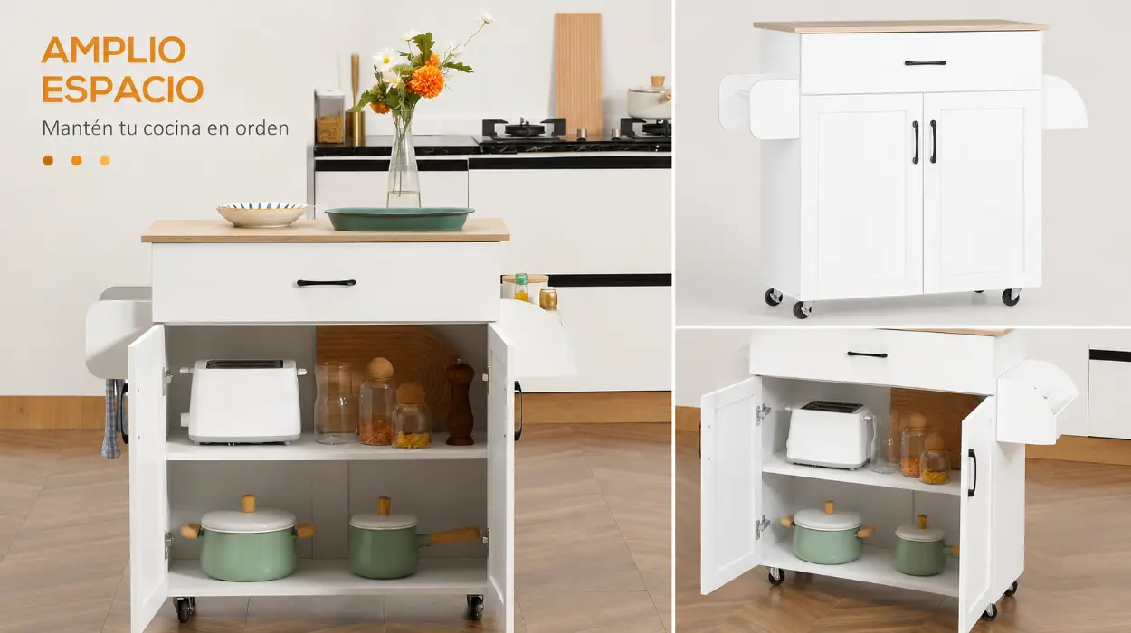 Isla de cocina HOMCOM con ruedas, cajón, 2 puertas y estante ajustable