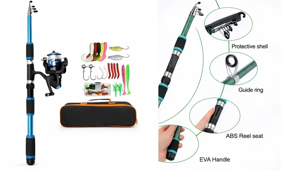 Todo listo para aprender a pescar con este juego completo de caña telescópica, carrete giratorio, sedal, señuelos y accesorios