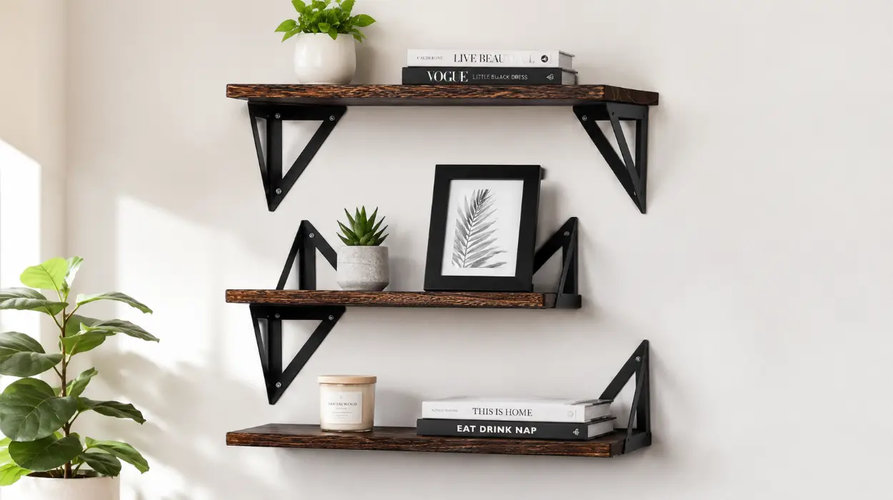 Juego de 3 baldas flotantes T-Lovendo de madera natural para pared