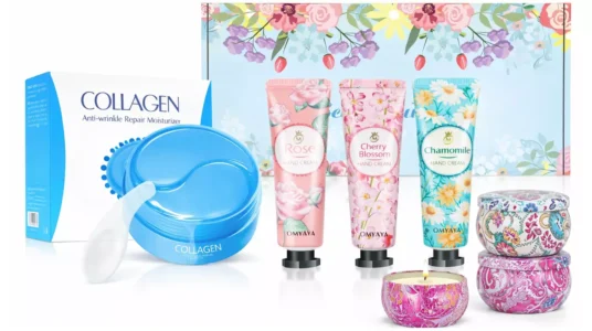 Juego de 3 cremas de manos, 4 velas aromáticas y 60 almohadillas de colágeno para ojeras