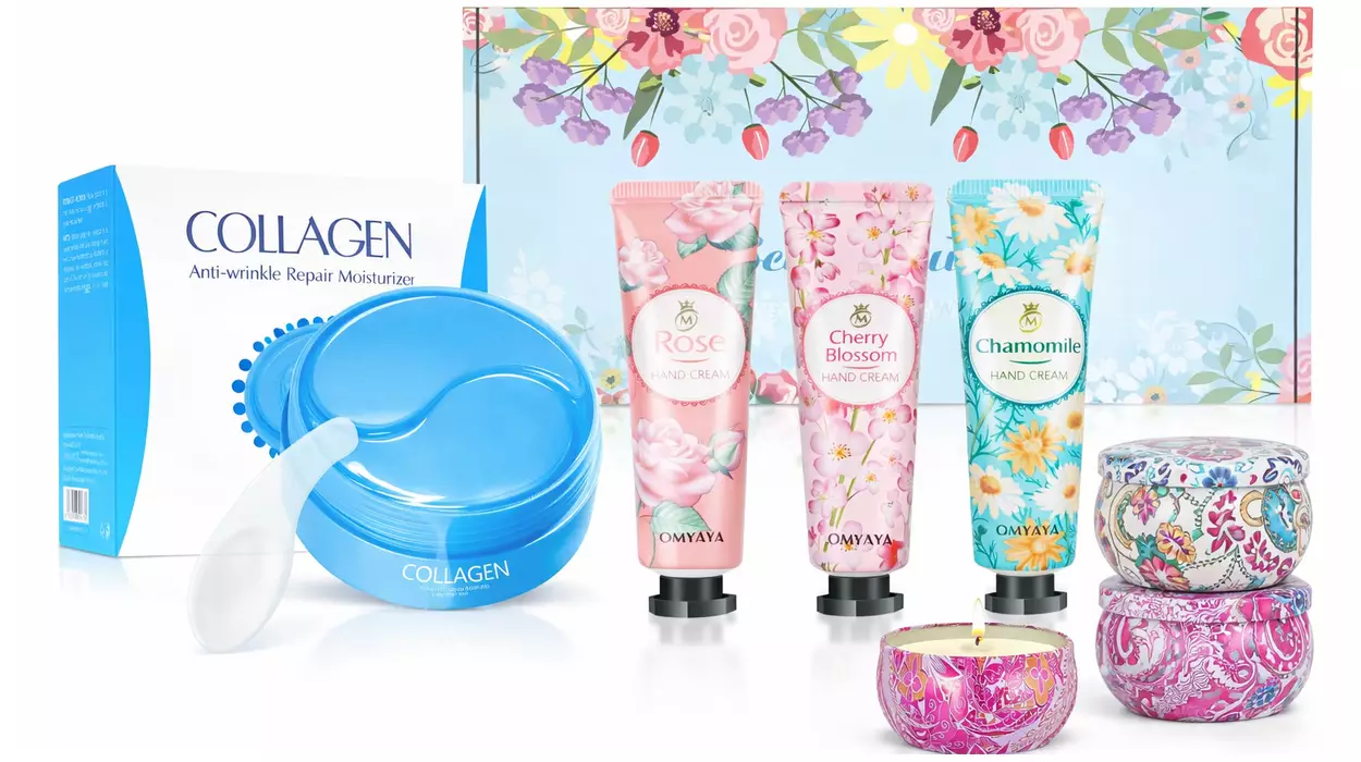 Juego de 3 cremas de manos, 4 velas aromáticas y 60 almohadillas de colágeno para ojeras