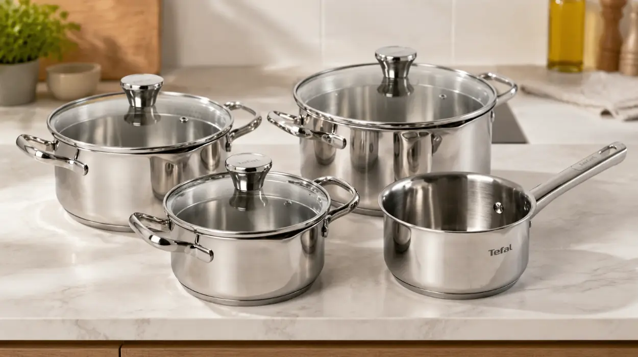 Juego de ollas Tefal Duetto: 3 cacerolas, 1 cazo y 3 tapas de acero inoxidable aptas para inducción y horno